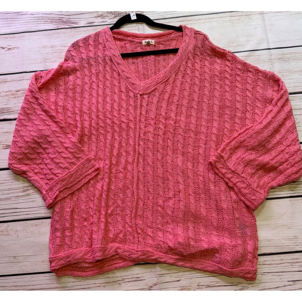 POL Pink Cable Open Knit V-Neck Oversized Sweater 3XL Boho Beachy Pullover